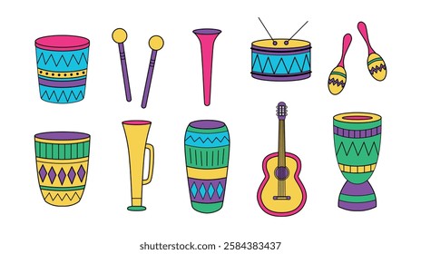 Musical instruments set. Brazil carnival. Maracas, drums, guitar, djembe, percussion, drumsticks. Ethnic instruments. Festive parade. Vector Illustration
