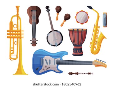 Musical Instruments Set, Cello, Ukulele, Saxophone, Harmonica, Maracas, Flute, Saxophone Flat Style Vector Illustration