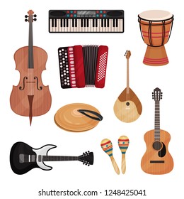 Musical instruments set, cello, violin, drum, cymbals, dombra, maracas, guitars, accordion vector Illustration on a white background