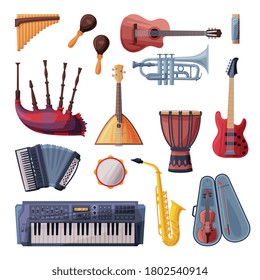 Musical Instruments Set, Cello, Violin, Guitar, Balalaika, Saxophone, Harmonica, Maracas, Piano, Accordion Flat Style Vector Illustration