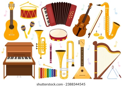 Musical instruments set. Collection with doodle music elements in cartoon style. Vector illustration