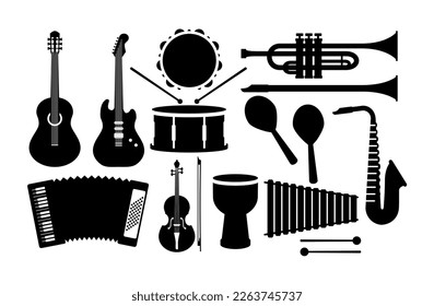 Musikalische Instrumente Set. Sammlung von grafischen Elementen für die Website. Silhouette aus Gitarre, Trompete, Violine, Schlagzeug und Akkordeon. Cartoon-FlachVektorgrafiken einzeln auf weißem Hintergrund