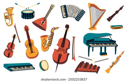 Instrumentos musicales, un conjunto de ilustraciones planas de colores. Guitarra, sintetizador, violín, violonchelo, tambor, platillos, saxofón, acordeón, piano, arpa, armónica, balalaika, violonchelo, pipa, xilófono. Vector