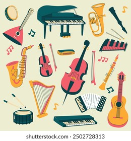 Musical instruments, a set of colored flat illustrations. Guitar, synthesizer, violin, cello, drum, cymbals, saxophone, accordion, piano, harp, harmonica, balalaika, cello, trumpet, xylophone . Retro