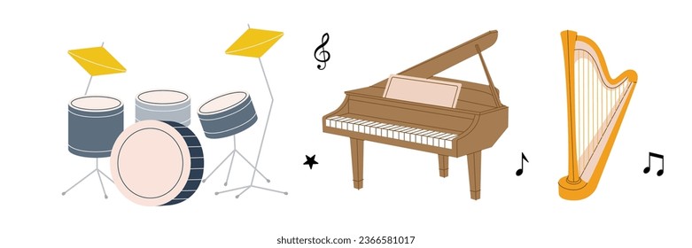 Musical instruments set. Drum kit, lyre, wooden harp, grand piano silhouette. Vector illustration.