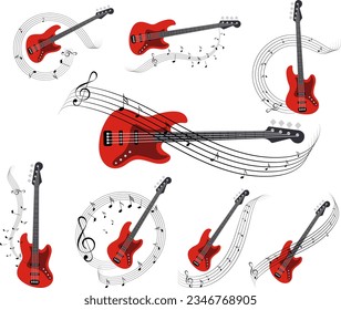 Instrumentos musicales. Juego de guitarras eléctricas con partitura.Ilustración vectorial 