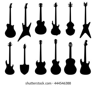 Musical Instruments Set. Electrical, Acoustic, Bass, Rhutm Guitar Silhouette Collection. Rock Music Symbols Set