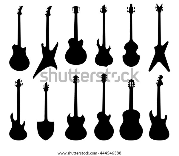 楽器セット エレクトリカル アコースティック ベース ルトムギターシルエットコレクション ロック音楽のシンボルセット のベクター画像素材 ロイヤリティフリー