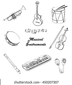 Musical Instruments set. Flat monochrome vector. Sketch, doodle style. Guitar and violin, synthesizer or drum and trumpet line icons.