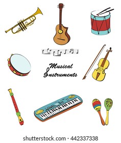 Musical Instruments set. Flat vector. Sketch, doodle style. Guitar and violin, synthesizer or drum and trumpet icons.