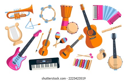 Musical instruments set. Folk classical musical equipment violin, bagpipe harp synthesizer piano classical and electro guitar accordion drum kit. Cartoon vector illustration