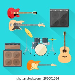 Musical Instruments Set Guitar Drums Rock Band Flat Vector Illustration