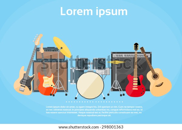 Musical Instruments Set Guitar Drums Rock\
Band Flat Vector\
Illustration