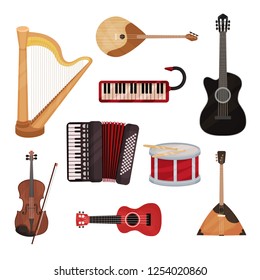 Musical instruments set, harp, synthesizer, guitars, accordion, balalaika, drum vector Illustration on a white background