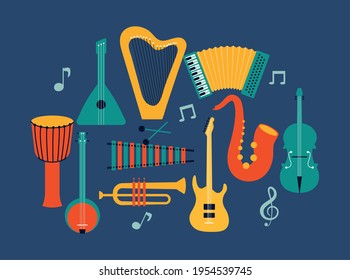 musical instruments set icons around