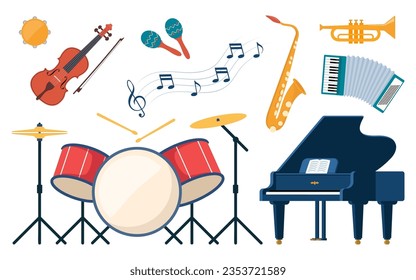 Musical instruments, set of icons. Grand piano, violin, cello, drum, cymbals saxophone accordion tambourine Vector illustration