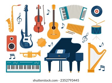 Musical instruments, set of icons. Guitar, synthesizer, violin, cello, drum, cymbals saxophone accordion tambourine grand piano Vector illustration