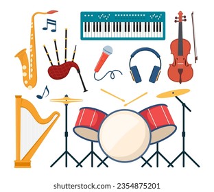 Musical instruments, set of icons. Guitar, synthesizer, violin, cello, drum, cymbals saxophone accordion tambourine grand piano Vector illustration