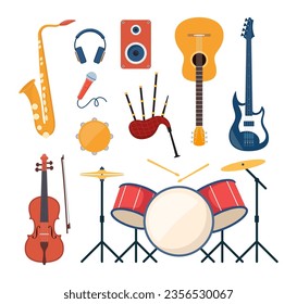 Musical instruments, set of icons. Guitar, synthesizer, violin, cello, drum, cymbals saxophone accordion tambourine grand piano Vector illustration