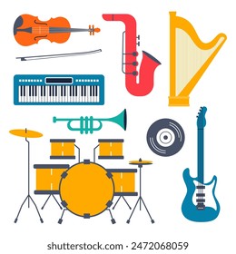 Musical instruments, set of icons. Guitar, synthesizer, violin, cello, drum, cymbals, saxophone. Vector illustration.