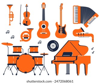 Instrumentos musicales, conjunto de iconos. Guitarra, sintetizador, violín, violonchelo, batería, platillos, saxofón, acordeón, piano de cola. Ilustración vectorial.