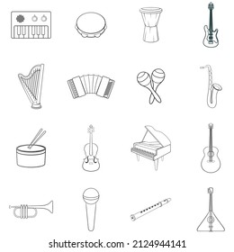 Musical instruments set icons in outline style isolated on white background