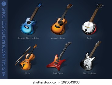 musical instruments set icons stock vector illustration isolated, collection part one