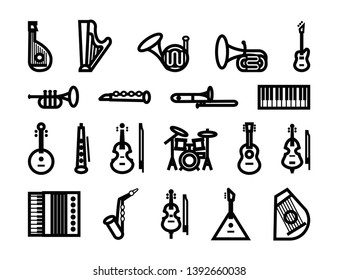 musical instruments set of icons. vector black and white illustration