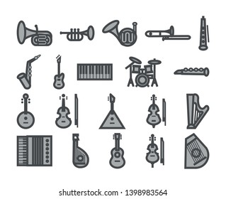 musical instruments set of icons. vector black and white illustration