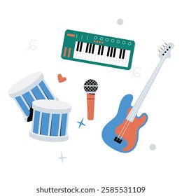 Musical Instruments Set Including Guitar, Keyboard, Drums, And Microphone In Flat Vector Illustration Symbolizing Music, Performance, And Creativity, Isolated On White Background.