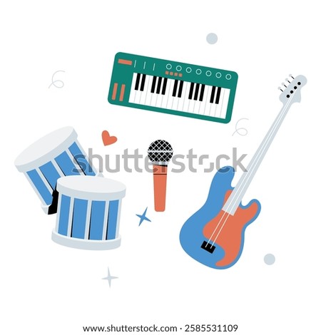 Musical Instruments Set Including Guitar, Keyboard, Drums, And Microphone In Flat Vector Illustration Symbolizing Music, Performance, And Creativity, Isolated On White Background.