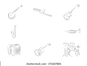 Musical instruments set. Isolated simple line art.