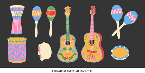 Musical instruments set. Maracas, drums, guitar with pattern. Festive carnival accessory