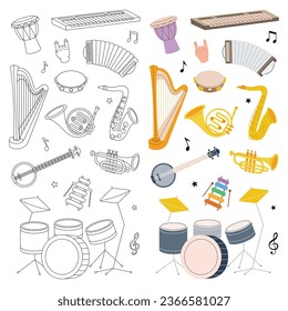 Musical instruments set. Music school banner design. Tuba, trumpet, drum flute, french horn, lute, violin, electric bass guitar. Vector illustration