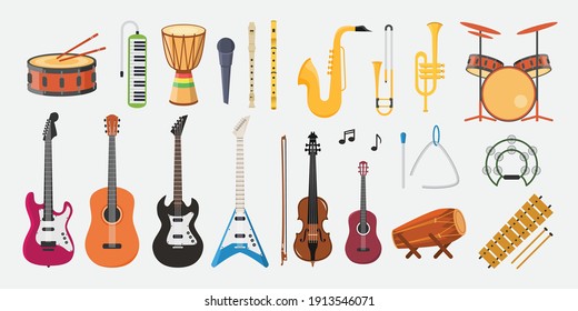 Musical instruments set object isolated on white background. Music equipments vector illustration