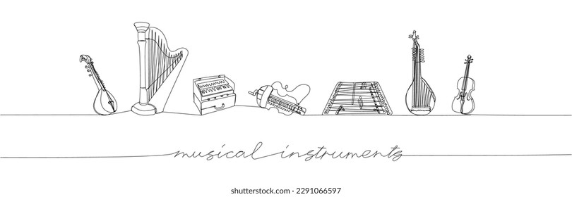 Musical instruments set one line art. Continuous line drawing of lute, sitar, harp, musical, lira, harmonium, lyre, tsymbaly, dulcimer with an inscription, lettering, handwritten.