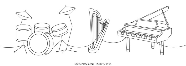 Musical instruments set one line continuous drawing. Drum kit, lyre, wooden harp, grand piano continuous one line illustration.