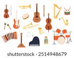 Musical instruments set pack. Music elements of violin, maracas,accordion,piano,drums,guitar, flute,triangle,bass guitar,horn,harp,flute,tambourine,cello,xylophone. Vector isolated cartoon flat style.