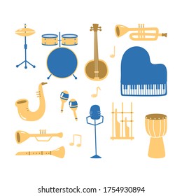 Musical instruments set with piano saxophone angklung drum microphone