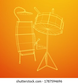 Musical instruments set. Rock band drum kit. Percussion musical instrument drums, stick and cymbal. Wireframe low poly mesh vector illustration.