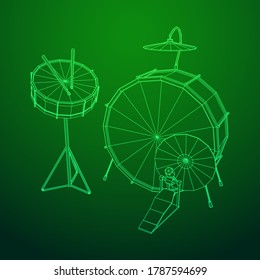 Musical instruments set. Rock band drum kit. Percussion musical instrument drums, stick and cymbal. Wireframe low poly mesh vector illustration.