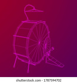 Musical instruments set. Rock band drum kit. Percussion musical instrument drums and cymbal. Wireframe low poly mesh vector illustration.
