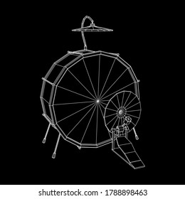 Musical instruments set. Rock band drum kit. Percussion musical instrument drums and cymbal. Wireframe low poly mesh vector illustration.