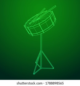 Musical instruments set. Rock band kit. Percussion musical instrument drum and stick. Wireframe low poly mesh vector illustration.