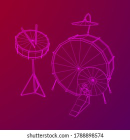 Musical instruments set. Rock band drum kit. Percussion musical instrument drums, stick and cymbal. Wireframe low poly mesh vector illustration.