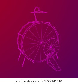 Musical instruments set. Rock band drum kit. Percussion musical instrument drums and cymbal. Wireframe low poly mesh vector illustration.