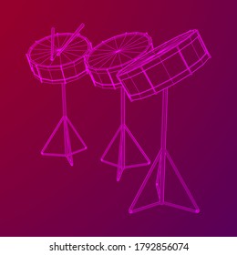 Musical instruments set. Rock band kit. Percussion musical instrument drum and stick. Wireframe low poly mesh vector illustration.
