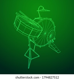 Musical instruments set. Rock band drum kit. Percussion musical instrument drums, stick and cymbal. Wireframe low poly mesh vector illustration.