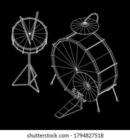 Musical instruments set. Rock band drum kit. Percussion musical instrument drums, stick and cymbal. Wireframe low poly mesh vector illustration.