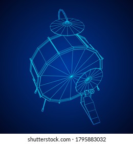 Musical instruments set. Rock band drum kit. Percussion musical instrument drums and cymbal. Wireframe low poly mesh vector illustration.